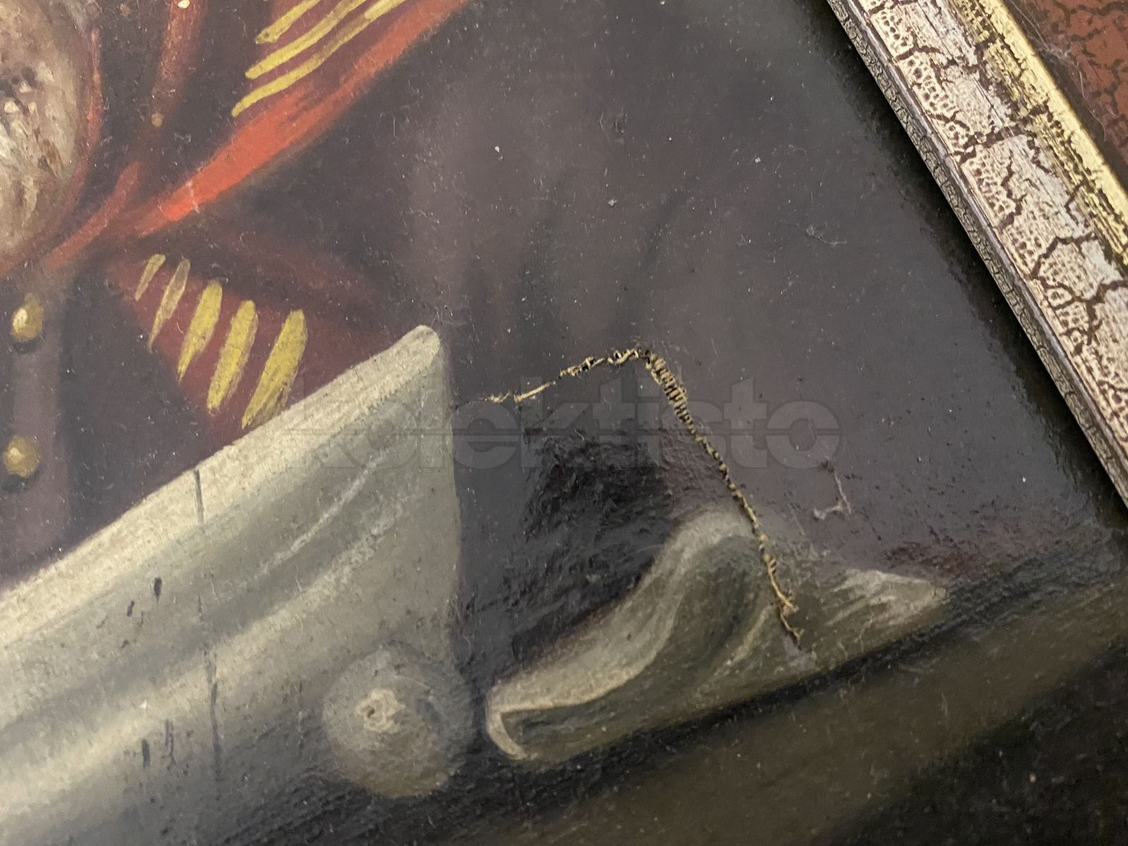 Obraz Stařící čtoucí noviny, olej na plátně, obraz je protržen cca 1,5x3 cm,viz. foto