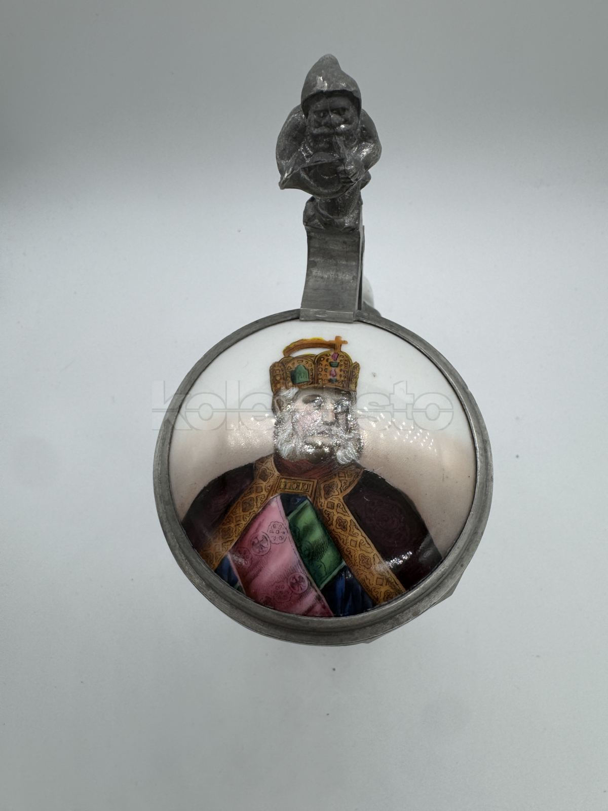 Skleněný korbel z broušeného skla s cínovým víčkem a porcelánový obrázkem s malbou Franz Josef