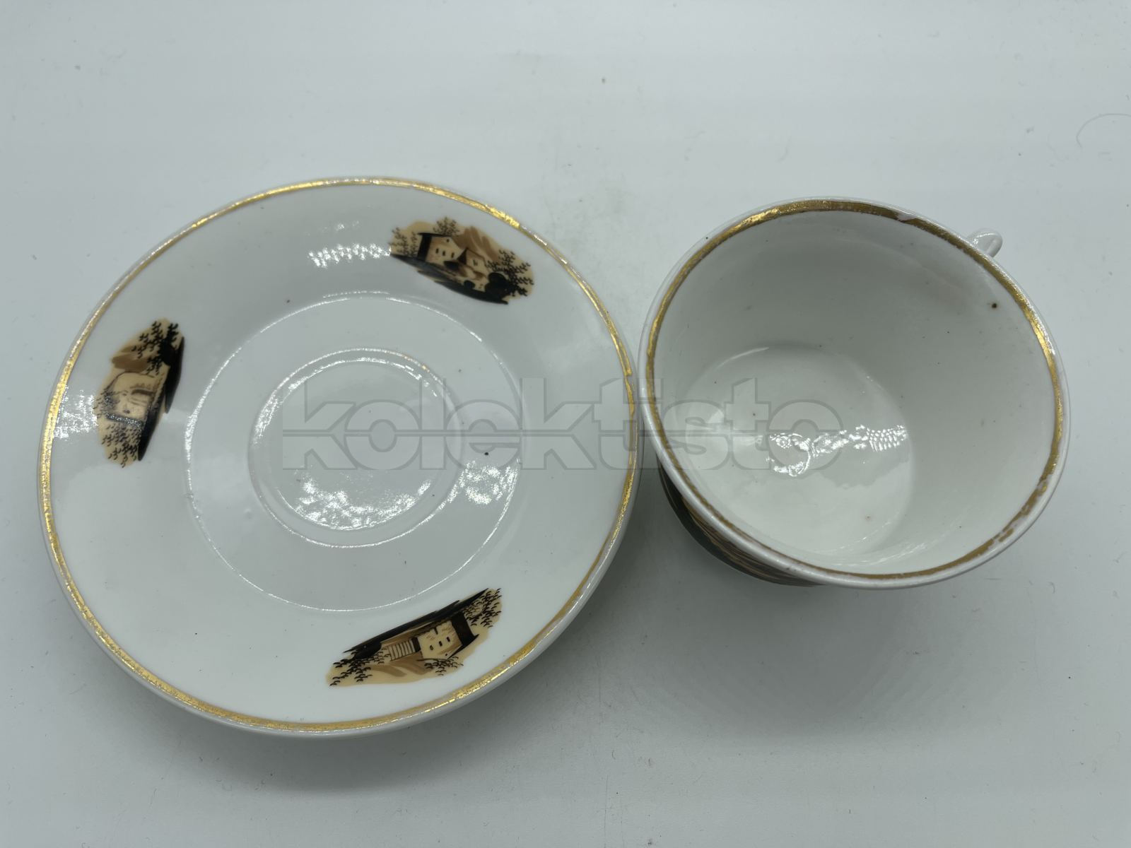 Porcelánový šálek s podšálkem se sépiovou malbou, 3 různé motivy, cena za 1 ks