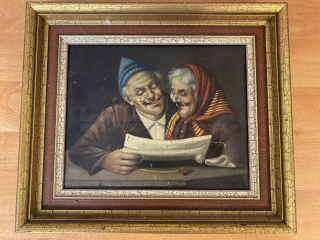 Obraz Stařící čtoucí noviny, olej na plátně, obraz je protržen cca 1,5x3 cm,viz. foto