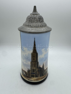 Porcelánový korbel z města ULM s průsvitkou na dně